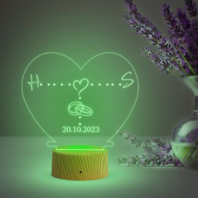Heart Shape Night Lamp with Automatic Color Changing Light Customized with Alphabet Letter & Date | Gift for Anniversary, Birthday, Engagement, Couple Gift